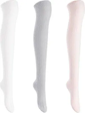 Lian LifeStyle Exquisite Big Girl's Women's 3 Pairs Thigh High Cotton Socks. Super Comfortable Female Socks in Vibrant Colors 6-9 L1024 (Beige,Light Grey,Cream)