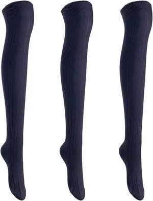 Lian LifeStyle Women's 3 Pairs Adorable Comfortable Soft Thigh High Over Knee High Cotton Socks Size 6-9 L1024(Navy)