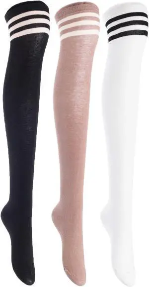 Lian LifeStyle Women's 3 Pairs Adorable Comfortable Soft Thigh High Over Knee High Cotton Socks Size 6-9 L1022(Black, Kakhi, White)