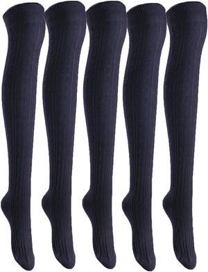 Lian LifeStyle Women's 5 Pairs Adorable Comfortable Soft Thigh High Over Knee High Cotton Socks Size 6-9 L1024 (Navy)
