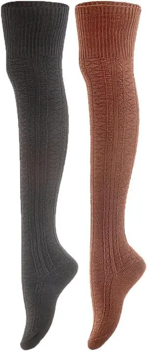 Meso Women's 2 Pairs Awesome Thigh High Cotton Socks, Comfortable, Soft and Super Durable M1025 6-9 2p15 (Black+Coffee)