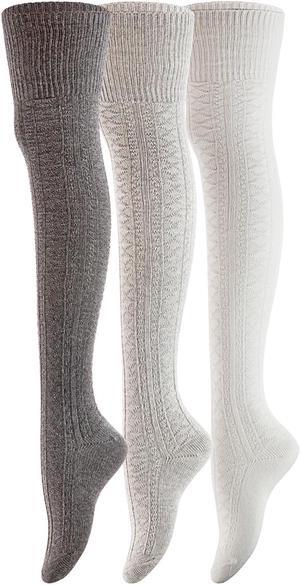 Meso Big Girl's Women's 3 Pairs Awesome Thigh High Cotton Socks, Comfortable, Soft and Super Durable Size 6-9 M1025-03 (Dark Grey, Grey, Cream White)