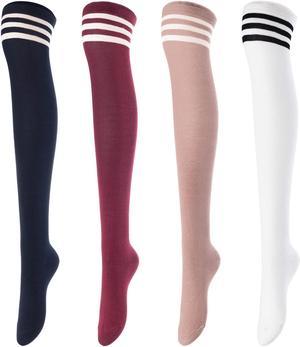 Meso Women's 4 Pairs Awesome Thigh High Cotton Socks, Comfortable, Soft and Super Durable Size 6-9 M1022 (Navy, Wine, Khaki, White) 4c3