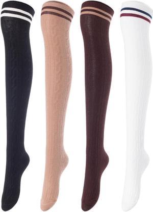 Meso Women's 4 Pairs Awesome Thigh High Cotton Socks, Comfortable, Soft and Super Durable Size 6-9 M1023 (Black, Coffee, Khaki, White) 4c1