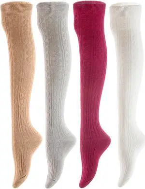Meso Women's Big Girl's 4 Pairs Splendid Knee High Cotton Socks, Strong yet Soft, Cozy and Stylish Size 6-9 M1024 4C-02(Beige,Light Grey,Wine,White)