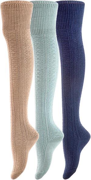 Meso Big Girl's Women's 3 Pairs Awesome Thigh High Cotton Socks, Comfortable, Soft and Super Durable Size 6-9 M1025-04 (Navy, Sky Blue, Khaki)