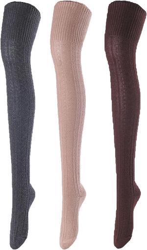 Meso Big Girl's Women's 3 Pairs Awesome Thigh High Cotton Socks, Comfortable, Soft and Super Durable Size 6-9 M1025-02 (Coffee, Beige, Dark Grey)
