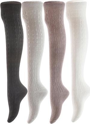 Meso Women's Big Girl's 4 Pairs Knee High Cotton Socks, Strong yet Soft Cozy and Stylish Size 6-9 M1024 4C-07(Black, Dark Grey, Grey, Cream White)