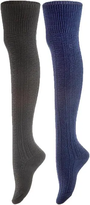 Meso Women's 2 Pairs Awesome Thigh High Cotton Socks, Comfortable, Soft and Super Durable M1025 6-9 2p14 (Black+Navy)