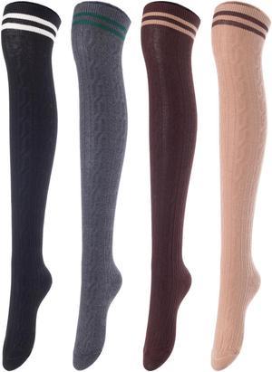 Meso Women's 4 Pairs Awesome Thigh High Cotton Socks, Comfortable, Soft and Super Durable Size 6-9 M1023 (Black, Coffee, Dark Grey, Khaki) 4c1