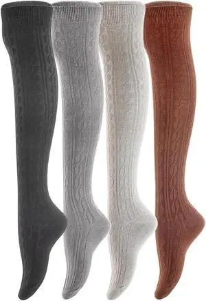 Women's 4 Pairs Awesome, Super Durable, Comfortable, Soft Thigh High Cotton Boot Socks M1024 Size 6-9(Black,Coffee,Grey, Dark Grey)
