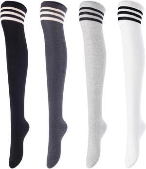 Meso Women's 4 Pairs Awesome Thigh High Cotton Socks, Comfortable, Soft and Super Durable Size 6-9 M1022 (Black, Dark Grey, Grey, White) 4c5