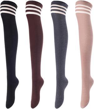 Meso Women's 4 Pairs Awesome Thigh High Cotton Socks, Comfortable, Soft and Super Durable Size 6-9 M1022 (Black, Coffee, Dark Grey, Khaki) 4c2