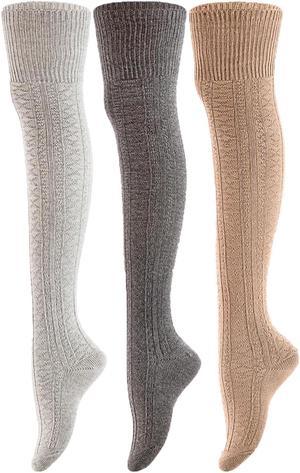 Meso Big Girl's Women's 3 Pairs Awesome Thigh High Cotton Socks, Comfortable, Soft and Super Durable Size 6-9 M1025-08 (Grey, Dark Grey, Beige)