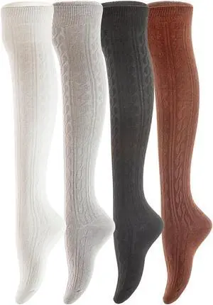 Meso Women's Big Girl's 4 Pairs Splendid Knee High Cotton Socks, Strong yet Soft, Cozy and Stylish Size 6-9 M1024 4C-01(Black,Coffee,Dark Grey,White)