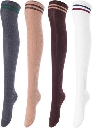 Meso Women's 4 Pairs Awesome Thigh High Cotton Socks, Comfortable, Soft and Super Durable Size 6-9 M1023 (Dark Grey, Coffee, Khaki, White) 4c3