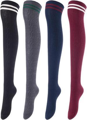 Meso Women's 4 Pairs Awesome Thigh High Cotton Socks, Comfortable, Soft and Super Durable Size 6-9 M1023 (Black, Dark Grey, Navy, Wine) 4c4