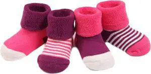 Lian LifeStyle Premium Children's 4 Pairs Cotton Crew Socks Lightweight & Effective Sweat Absorbent Size 0-6M(Pink Purple)
