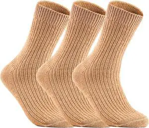 Lian LifeStyle Ultralight, High-Performance & Great Activewear Men's 3 Pairs Breathable Wool Crew Socks For All Season and Weather Size 6-9 (Beige)