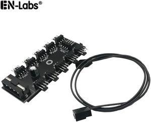 EnLabs PWMHUB10D 10 Ports 4-Pin PWM Fan Hub, Molex 4pin to 10 Fan Power Splitter Adapter Cable w/ Self-sticker for 3Pin / 4Pin fans