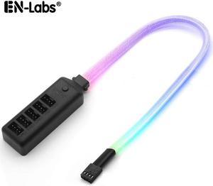 PWM Fan Hub w/ LED RGB Colorful Switch,1 to 5 Sleeved PWM Fan Splitter Hub Adapter Cable for 12V Desktop Computer Cooler Case Fans 4-Pin & 3-Pin - 1.3ft