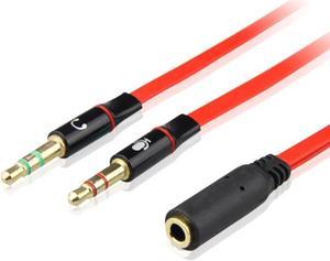 3.5mm 4 Position TRRS Female to 2 3-Pole Male Gold Plated Headphone Mic Audio Y Splitter Flat Cable - 8 inch,Red