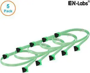 EnLabs 5PKSATAIII60CMGN90 5 Pack SATA 3.0 6Gbps Straight to 90 Degree Angle HDD SDD Data Cable w/ Locking Latch - UV Green - 24 inch