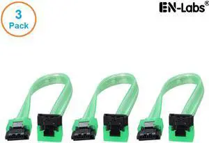 EnLabs 3PKSATAIII6GNA 3 Pack SATA 3.0 6Gbps Straight to 90 Degree Right-Angle HDD SDD Data Cable w/ Locking Latch - UV Green - 6 inch
