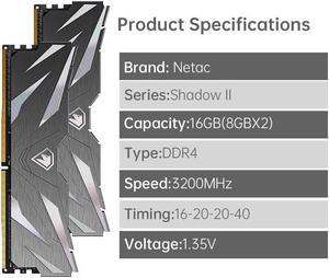 16GB Netac DDR4 16GB 2x8GB DDR4 3200MHz CL16 UDIMM Black 2PK DRAM PC4-25600