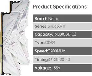 16GB Netac DDR4 16GB 2x8GB DDR4 3200MHz CL16 UDIMM White 2PK DRAM PC4-25600