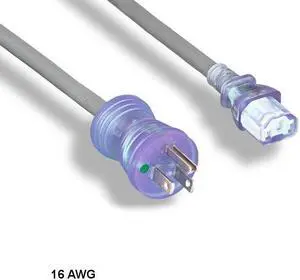 KNTK 15 ft 16 AWG Hospital Grade Power Cable NEMA 5-15P to C13 13A/125V Clear