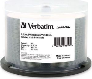 50 VERBATIM DVD+R DL 8.5GB 8X DataLifePlus White Inkjet Hub Printable 98319
