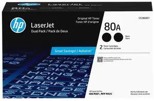 HP 80A 2-pack Black Original LaserJet Toner Cartridges, ~2,560 pages, CF280AD1 HP 80A 2-pack Black Original LaserJet Toner Cartridges, ~2,560 pages, CF280AD1