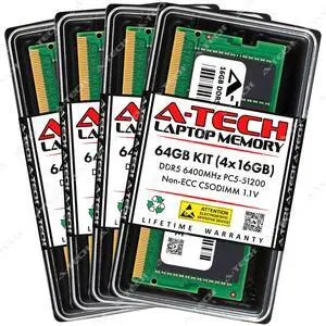 A-Tech 64GB 4x 16GB PC5-51200 DDR5 6400 MHz CSODIMM Laptop Memory RAM x4 A-Tech 64GB 4x 16GB PC5-51200 DDR5 6400 MHz CSODIMM Laptop Memory RAM x4