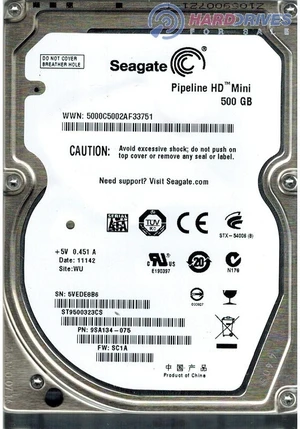 ST9500323CS Seagate PIPELINE HD 500GB 5.4K RPM 3Gb/s 2.5" SATA LAPTOP Hard Drive ST9500323CS Seagate PIPELINE HD 500GB 5.4K RPM 3Gb/s 2.5" SATA LAPTOP Hard Drive