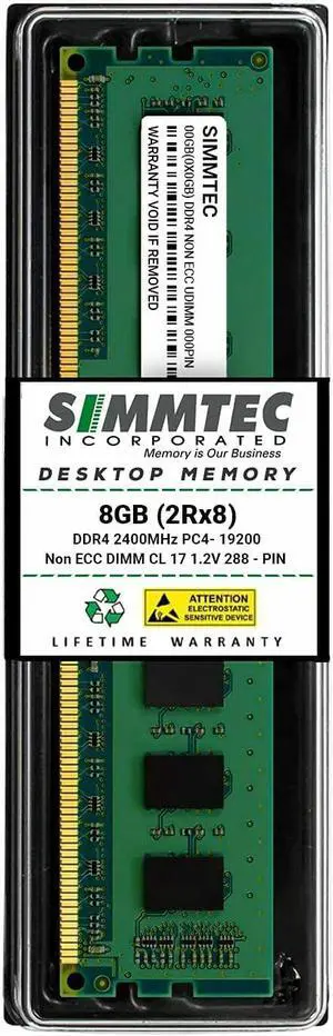 Simmtec RAM 8GB DDR4 2400MHz DIMM PC4-19200 UDIMM Non-ECC 2Rx8 1.2V CL17 288-Pin