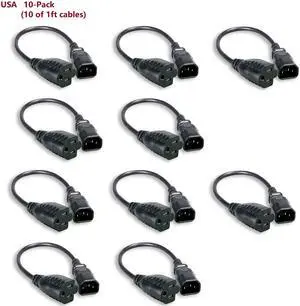 10x 1FT IEC320 C14 to NEMA 5-15R 125V AC 10A 10 Amp Monitor PC Power Cord Cable