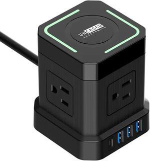 Wireless Charger Cube Power Strip with USB Ports, Power Strips with Surge Protection, 10ft Extension Cord with Multiple Outlets, 4 AC Plugs + 3 USB + 1  USB-C Fast Charging, Mountable On/Off Switch