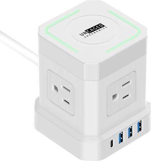 Wireless Charger Cube Power Strip with USB Ports, Power Strips with Surge Protection, 10ft Extension Cord with Multiple Outlets, 4 AC Plugs + 3 USB + 1  USB-C Fast Charging, Mountable On/Off Switch