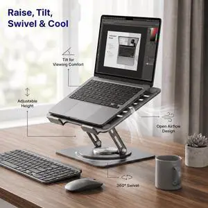 Adjustable Swivel Laptop Stand for Desk - 360° Rotating Steel Laptop Riser with Height & Tilt, Fits up to 16 Inches Adjustable Swivel Laptop Stand for Desk - 360° Rotating Steel Laptop Riser with Height & Tilt, Fits up to 16 Inches