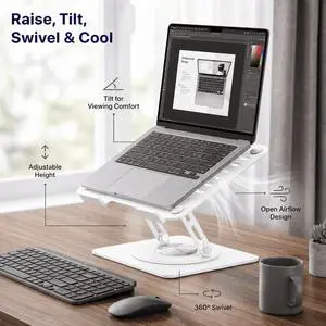 Adjustable Swivel Laptop Stand for Desk - 360° Rotating Steel Laptop Riser with Height & Tilt, Fits up to 16 Inches Adjustable Swivel Laptop Stand for Desk - 360° Rotating Steel Laptop Riser with Height & Tilt, Fits up to 16 Inches