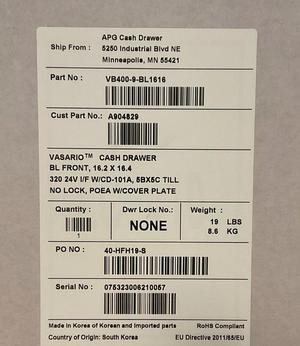 APG Vasario Cash Drawer 5 BILL 5 COIN Till - NO LOCK - RJ-45 - VB400-9-BL1616