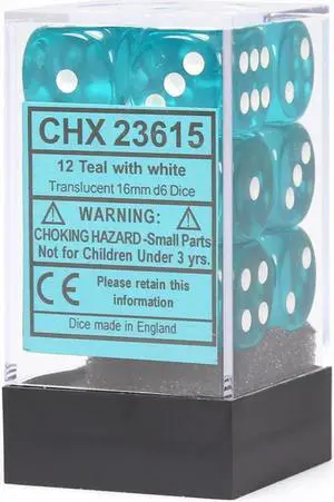 6 Sided Cube 16mm Translucent Teal & White Dots 12ct Standard Size Durable Chessex Manufacturing