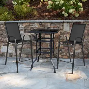 3 Piece Outdoor Glass Bar Patio Table Set with 2 Barstools