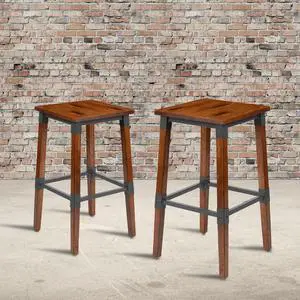 2 Pack Rustic Antique Walnut Industrial Wood Dining Backless Barstool