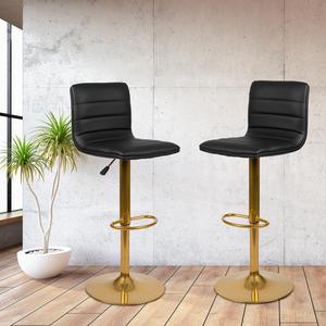 Modern Black Vinyl Adjustable Bar Stool with Back, Counter Height Swivel Stool with Gold Pedestal Base, Set of 2