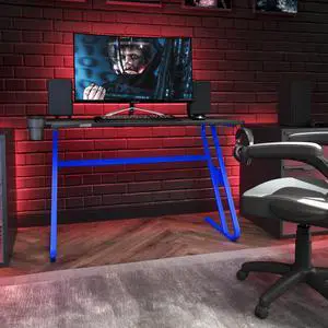 Blue Gaming Ergonomic Desk with Cup Holder and Headphone Hook