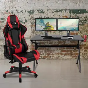 Black Gaming Desk and Red/Black Reclining Gaming Chair Set with Cup Holder, Headphone Hook & 2 Wire Management Holes