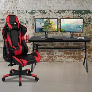 Gaming Desk and Red/Black Reclining Gaming Chair Set /Cup Holder/Headphone Hook/Removable Mouse Pad Top - Wire Management