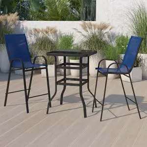 Flash Furniture Brazos Outdoor Dining Set with Bar Table and 2 All-Weather Patio Stools Navy (TLH073H092HNV)